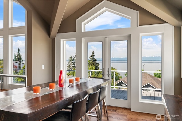 10326 66th Pl W, Mukilteo, WA 98275 - doorway to outside with a water view, plenty of natural light, wood finished floors, and vaulted ceiling