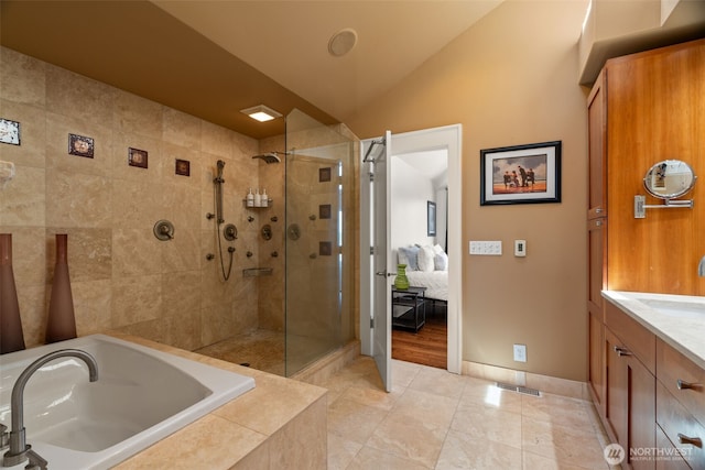 10326 66th Pl W, Mukilteo, WA 98275 - bathroom featuring tiled shower, tile patterned floors, a garden tub, ensuite bath, and lofted ceiling