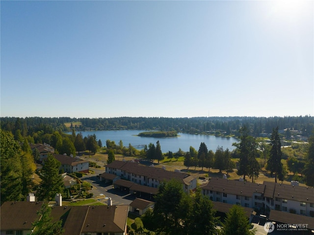 aerial view of property's location with a large body of water and a heavily wooded area