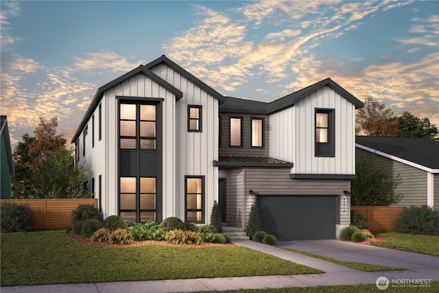 8232 21st Ave NE, Seattle, WA 98115 - view of front of home with a standing seam roof, an attached garage, driveway, metal roof, and board and batten siding