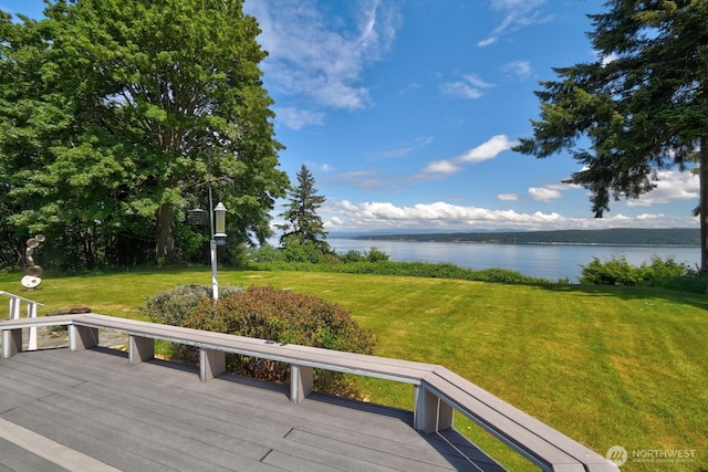 2847 Viewmont Pl, Camano Island, WA 98282 - wooden terrace with a water view and a lawn