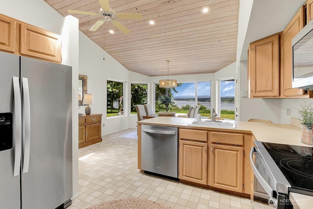 2847 Viewmont Pl, Camano Island, WA 98282 - kitchen featuring appliances with stainless steel finishes, wood ceiling, a sink, lofted ceiling, and recessed lighting
