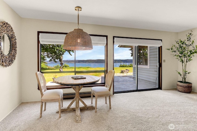 2847 Viewmont Pl, Camano Island, WA 98282 - dining area featuring carpet floors and a water view