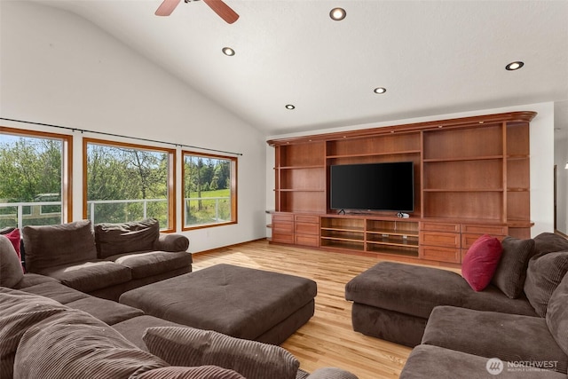 139 Coulson Rd, Chehalis, WA 98532 - living room with plenty of natural light, a ceiling fan, light wood-type flooring, recessed lighting, and high vaulted ceiling