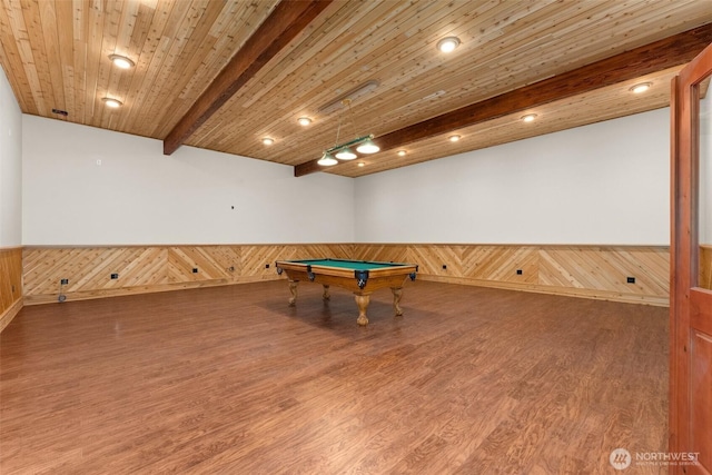 139 Coulson Rd, Chehalis, WA 98532 - rec room with pool table, beam ceiling, wood finished floors, wood walls, and a wainscoted wall