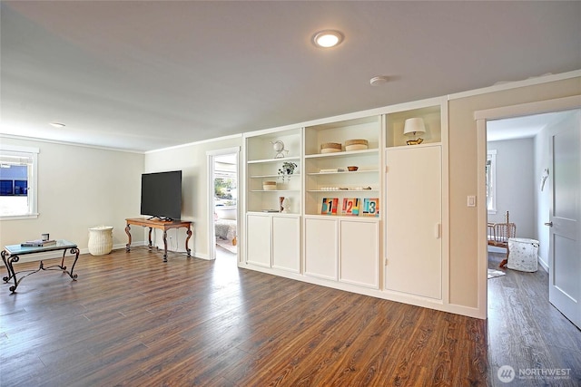 8612 NE 133rd St, Kirkland, WA 98034 - living area with dark wood finished floors, baseboards, and crown molding