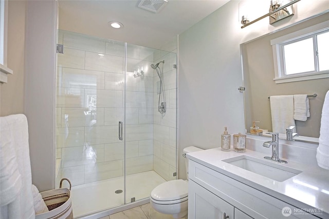 8612 NE 133rd St, Kirkland, WA 98034 - full bathroom with toilet, a stall shower, vanity, and recessed lighting