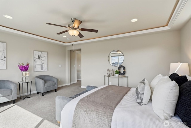 14651 Crestwood Pl E, Bonney Lake, WA 98391 - bedroom featuring carpet floors, baseboards, recessed lighting, a ceiling fan, and a tray ceiling