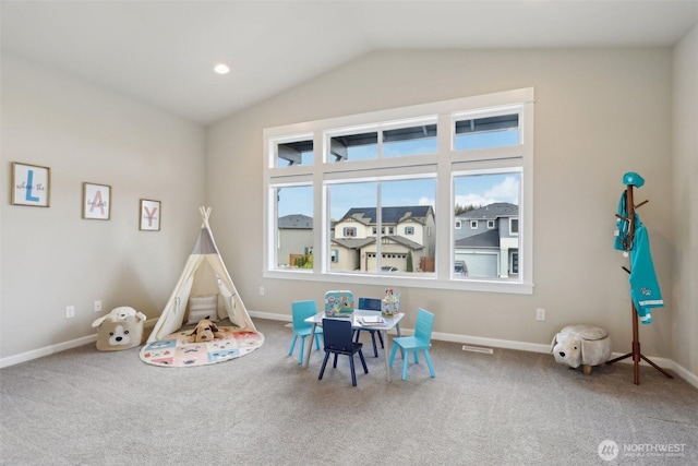 14651 Crestwood Pl E, Bonney Lake, WA 98391 - rec room with vaulted ceiling, carpet, and baseboards