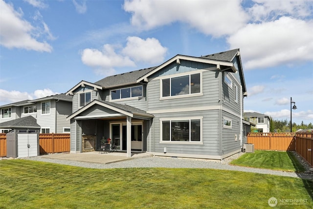 14651 Crestwood Pl E, Bonney Lake, WA 98391 - rear view of house with a patio area, a shed, an outdoor structure, and cooling unit