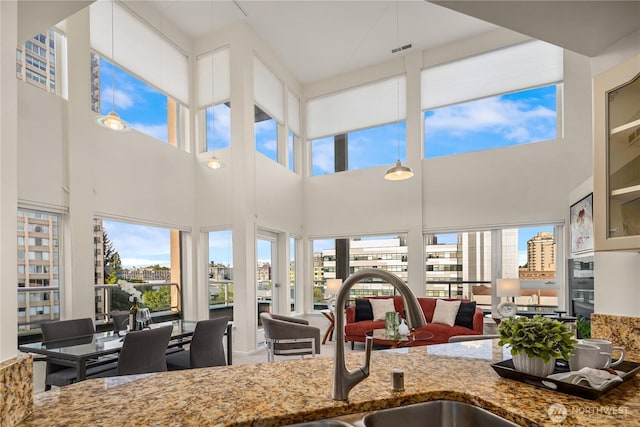 kitchen featuring a sink, a high ceiling, stone counters, a city view, and glass insert cabinets