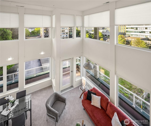 living room featuring plenty of natural light, carpet flooring, and a high ceiling