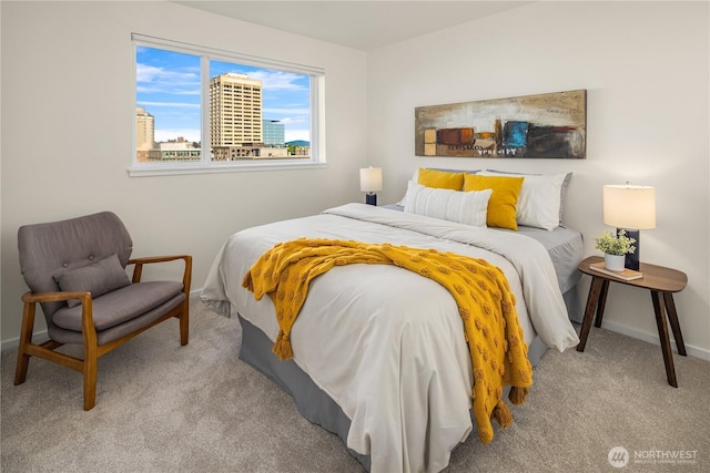 carpeted bedroom with baseboards and a view of city