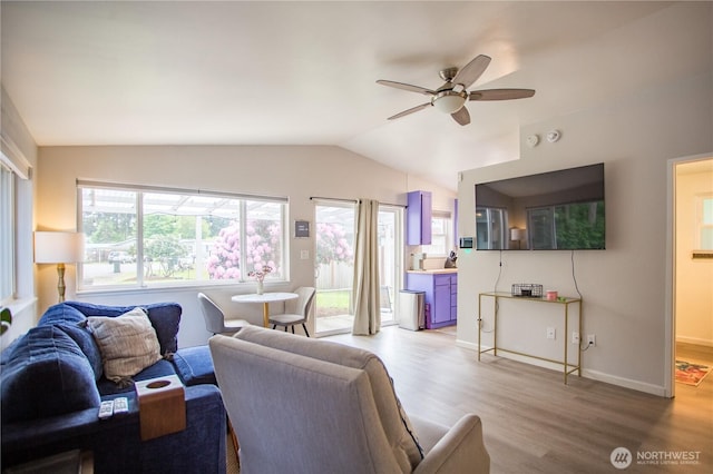 2622 Scotlac Ct SW, Olympia, WA 98512 - living room with vaulted ceiling, light wood-type flooring, ceiling fan, and baseboards