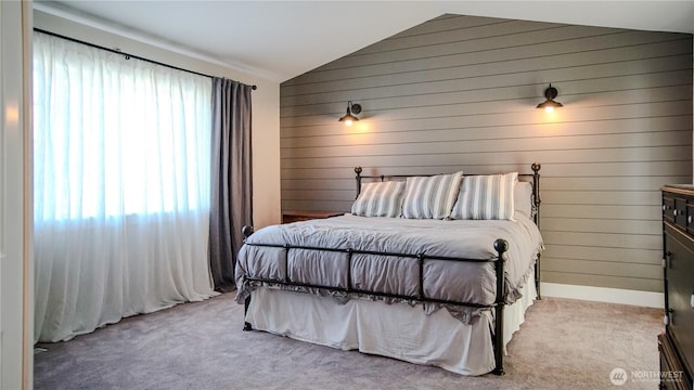8002 172nd Pl NE, Arlington, WA 98223 - bedroom featuring vaulted ceiling, carpet flooring, wooden walls, and baseboards