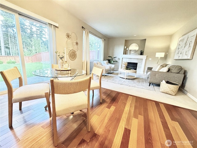 dining space featuring wood finished floors and a tile fireplace