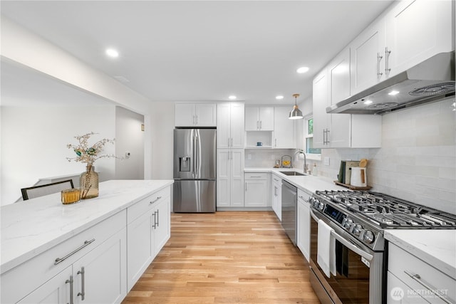 kitchen with stainless steel appliances, under cabinet range hood, a sink, backsplash, and white cabinets