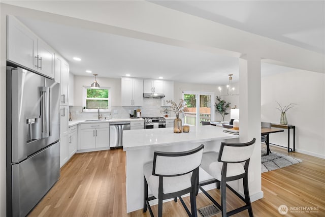 kitchen featuring stainless steel appliances, light countertops, a breakfast bar area, a sink, and decorative backsplash