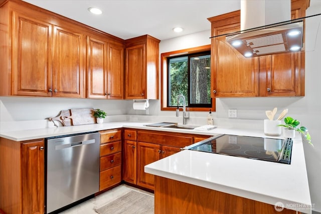 7517 Olympic View Dr, Edmonds, WA 98026 - kitchen featuring dishwasher, a sink, brown cabinetry, range hood, and recessed lighting