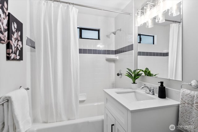 7517 Olympic View Dr, Edmonds, WA 98026 - bathroom featuring shower / bath combo and vanity
