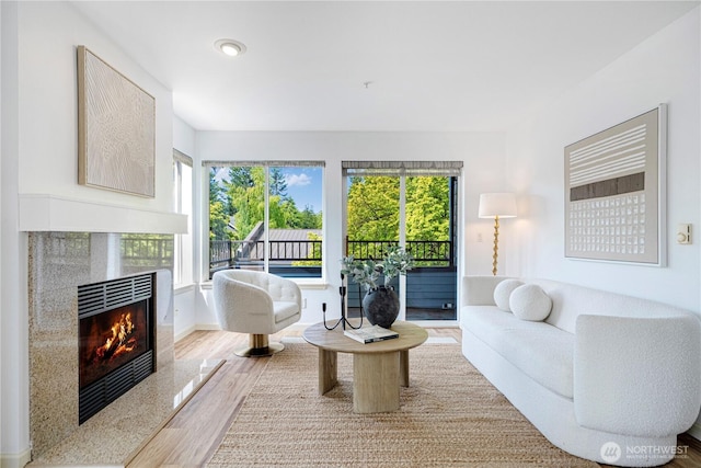 9222 Roosevelt Way NE Unit 302, Seattle, WA 98115 - living area with plenty of natural light, wood finished floors, a fireplace, and recessed lighting