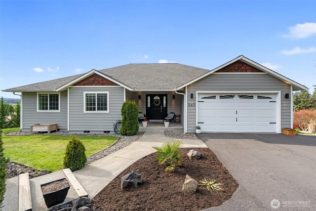 247 Devereese Rd, Chehalis, WA 98532 - ranch-style house featuring an attached garage, driveway, a front lawn, and roof with shingles