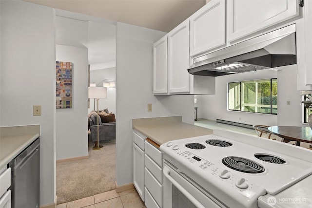 kitchen featuring white electric range, under cabinet range hood, dishwasher, light colored carpet, and white cabinetry