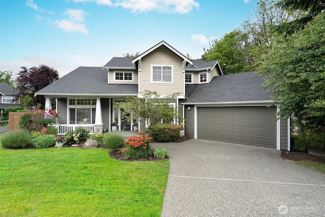 1075 SW 12th St, North Bend, WA 98045 - view of front of property featuring covered porch, concrete driveway, an attached garage, a front lawn, and a shingled roof