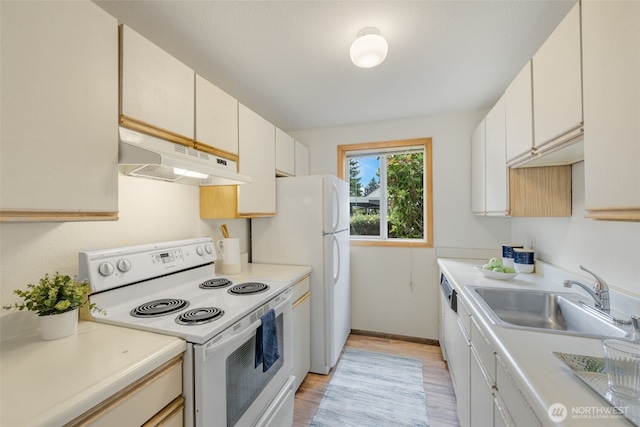 1820 SW 318th Pl Unit 26D, Federal Way, WA 98023 - kitchen featuring electric stove, under cabinet range hood, light wood finished floors, and light countertops