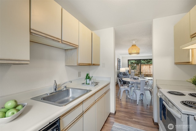 1820 SW 318th Pl Unit 26D, Federal Way, WA 98023 - kitchen featuring white electric range, light wood-style floors, light countertops, dishwashing machine, and cream cabinetry