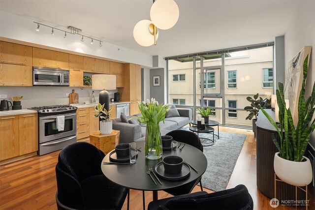 2911 2nd Ave Unit 411, Seattle, WA 98121 - kitchen featuring stainless steel appliances, light countertops, light brown cabinets, light wood-style flooring, and modern cabinets
