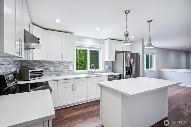 9348 54th Ave S, Seattle, WA 98118 - kitchen featuring appliances with stainless steel finishes, range hood, a sink, backsplash, and dark wood finished floors
