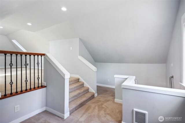 9348 54th Ave S, Seattle, WA 98118 - stairs featuring carpet, vaulted ceiling, baseboards, and recessed lighting