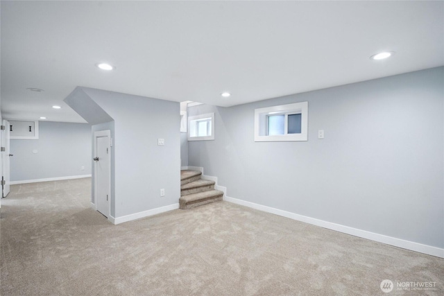 9348 54th Ave S, Seattle, WA 98118 - basement featuring recessed lighting, carpet flooring, stairway, and baseboards
