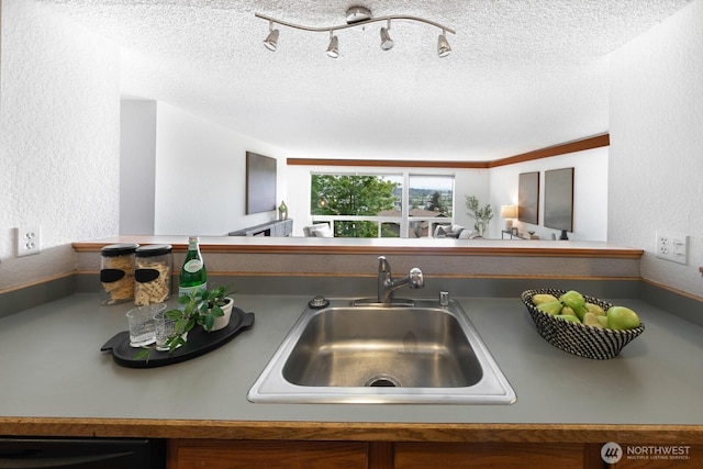 kitchen featuring a sink, a textured wall, and a textured ceiling