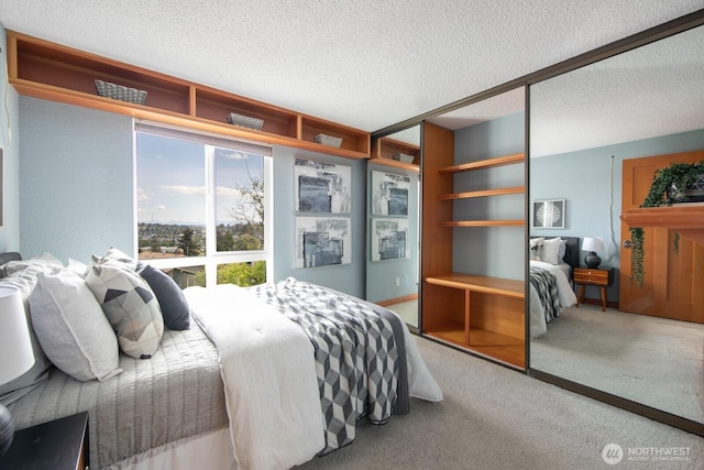carpeted bedroom featuring a textured ceiling and a closet