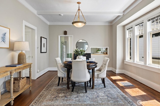 dining room with dark wood-style flooring, baseboards, ornamental molding, and beamed ceiling