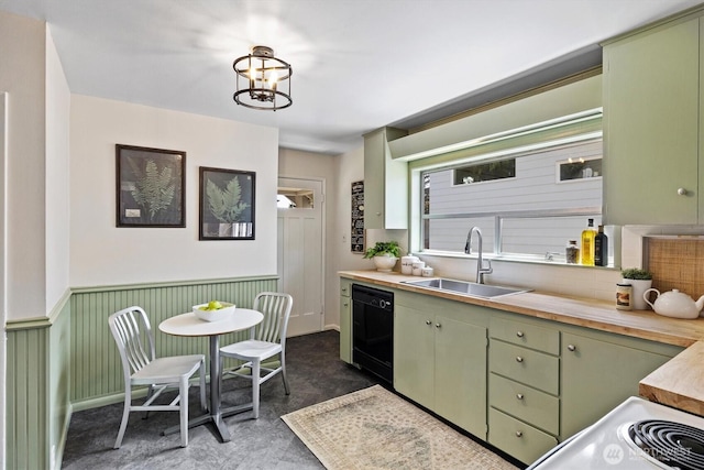 kitchen featuring a sink, black dishwasher, green cabinets, butcher block countertops, and wainscoting