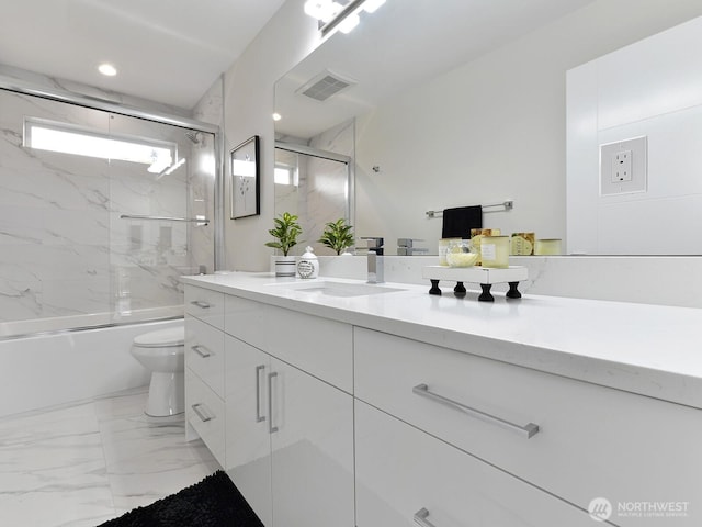 23801 100th Ave SE, Kent, WA 98031 - full bath with vanity, enclosed tub / shower combo, marble look tiles, and recessed lighting