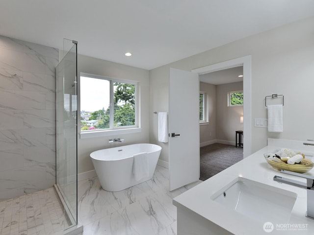 23801 100th Ave SE, Kent, WA 98031 - full bathroom featuring a marble finish shower, plenty of natural light, a freestanding bath, marble finish flooring, and recessed lighting