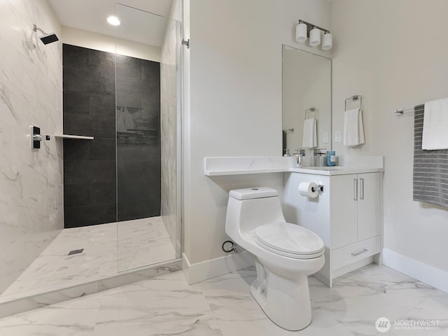 23801 100th Ave SE, Kent, WA 98031 - full bath with marble look tile flooring, a tile shower, vanity, and recessed lighting