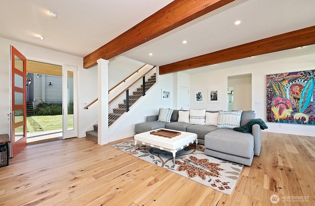 3139 Saratoga Rd, Langley, WA 98260 - living room with beam ceiling, hardwood / wood-style floors, recessed lighting, and stairway