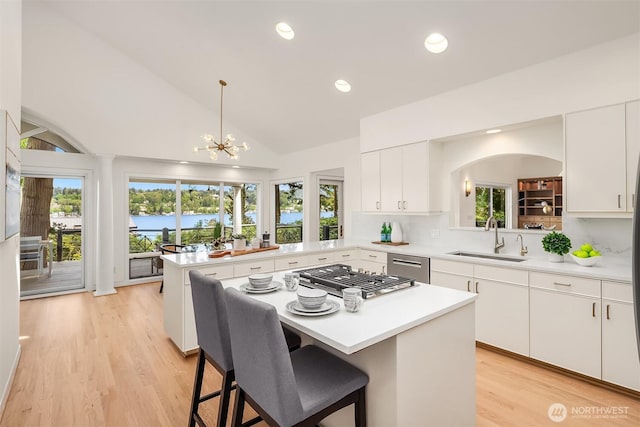 kitchen featuring a sink, stainless steel appliances, healthy amount of natural light, light wood-style flooring, and recessed lighting