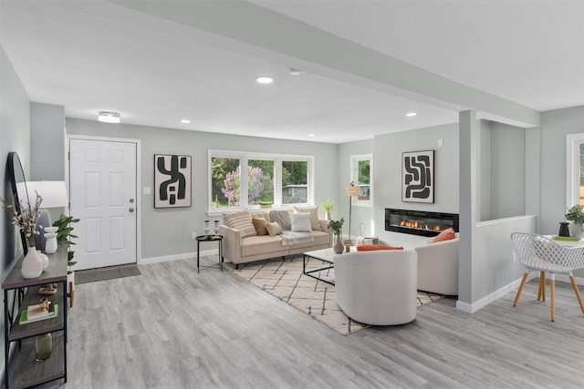 living area featuring baseboards, wood finished floors, recessed lighting, and a glass covered fireplace