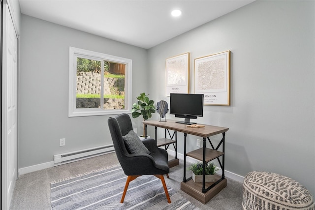 office area with baseboard heating, carpet flooring, baseboards, and recessed lighting