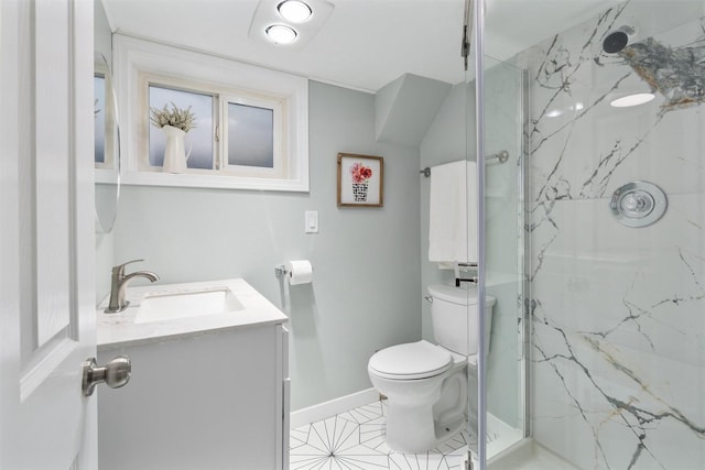 full bathroom with a marble finish shower, toilet, vanity, and baseboards