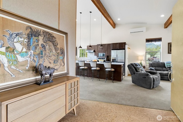 living room featuring a wall unit AC, light carpet, beam ceiling, and recessed lighting