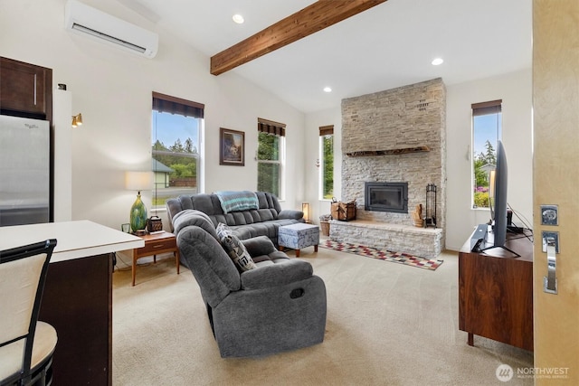 living area featuring a wall unit AC, healthy amount of natural light, light colored carpet, beamed ceiling, and recessed lighting