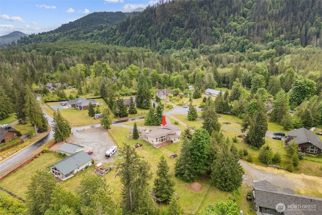 aerial view of residential area featuring a heavily wooded area and a mountain backdrop