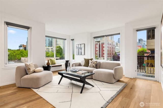 2721 1st Ave Unit 407, Seattle, WA 98121 - living room featuring a city view, light wood-type flooring, and baseboards